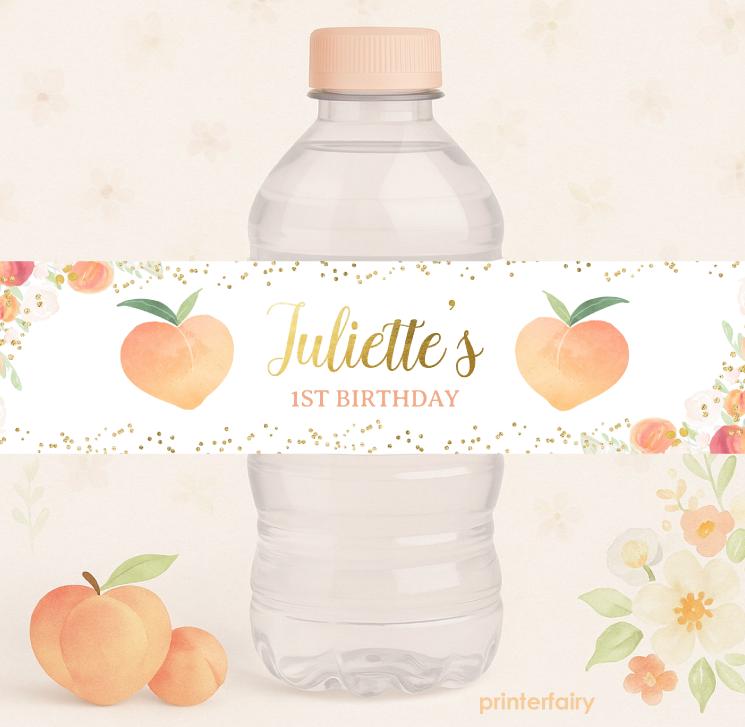 Peach Floral Birthday Water Bottle Labels, Editable Template (Instant Download)
