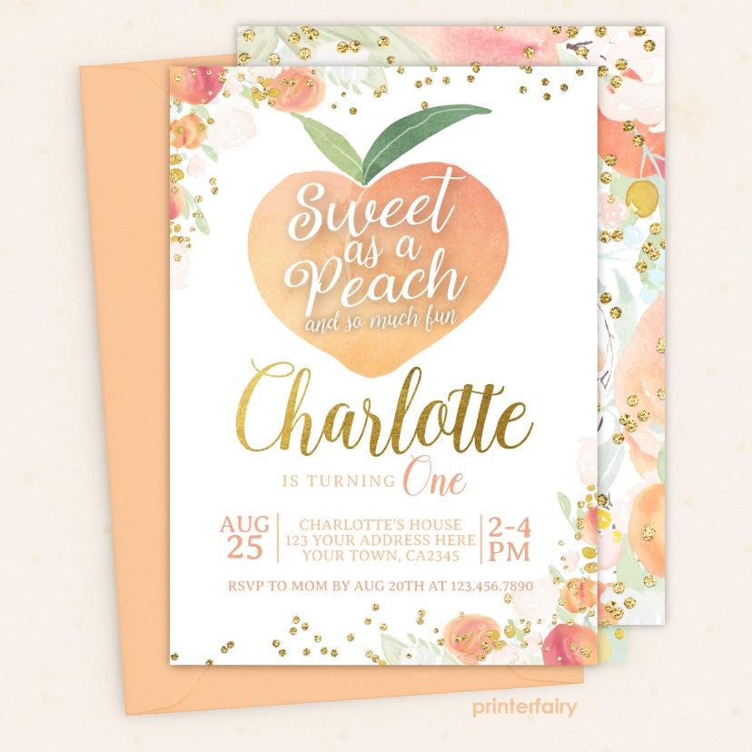 Peach First Birthday Invitation, Floral Girl Birthday, Editable (Instant Download)