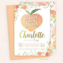 Peach First Birthday Invitation, Floral Girl Birthday, Editable (Instant Download)