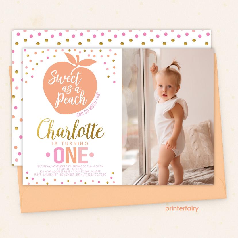 Sweet as a Peach Birthday Invitation, Photo, Editable (Instant Download)