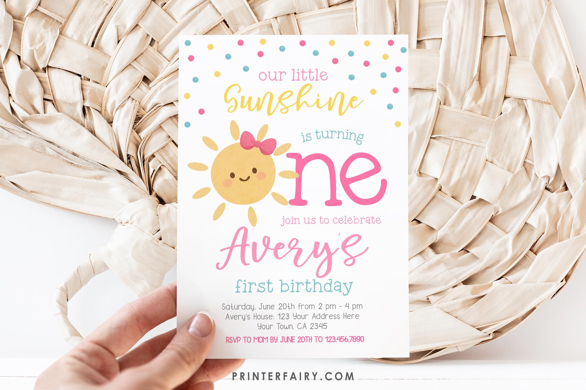 Little Sunshine Birthday Invitation, Girl 1st Birthday (Editable Template)