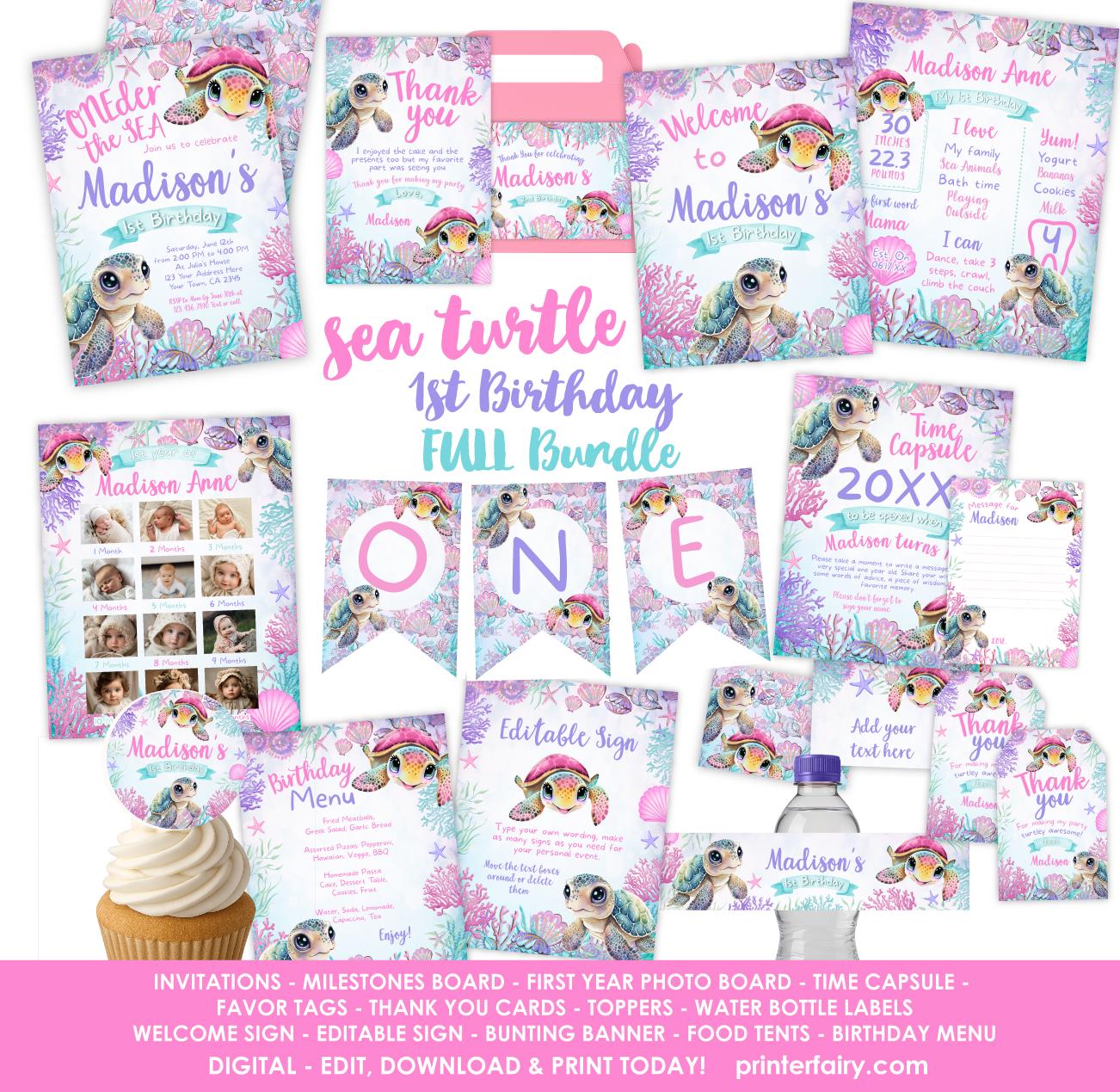 Sea Turtle 1st Birthday Party Bundle, Under the Sea Invite (Digital Download)