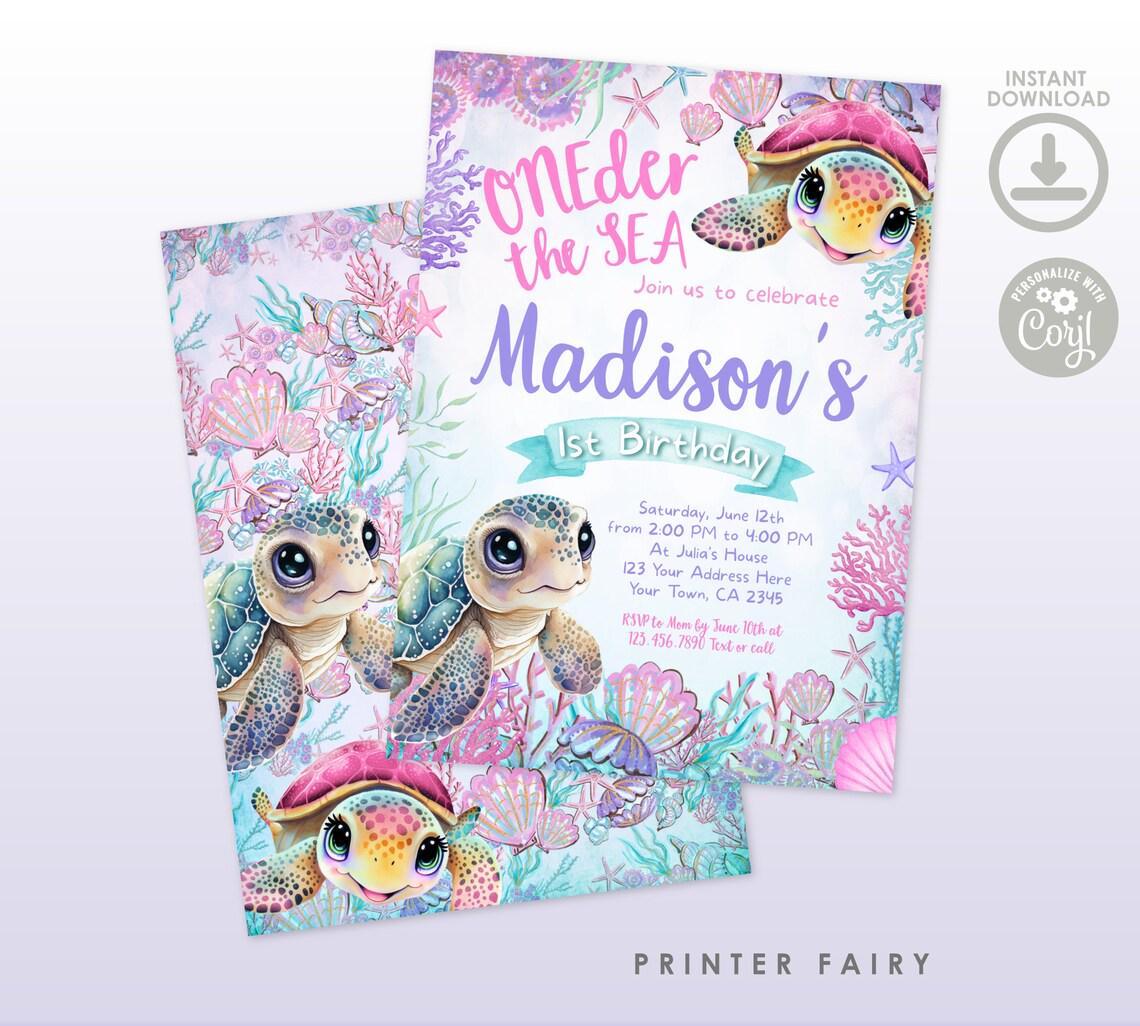 Sea Turtle 1st Birthday Party Bundle, Under the Sea Invite (Digital Download)