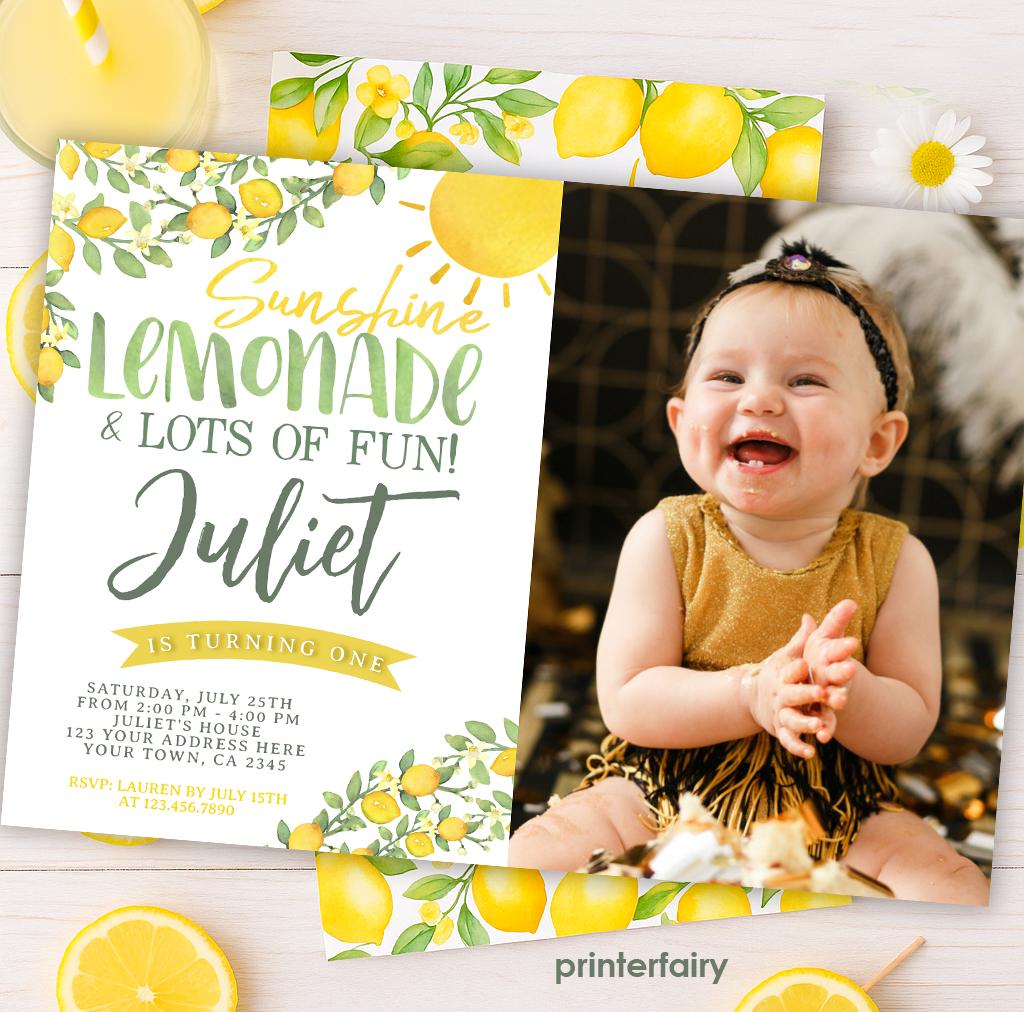 Lemon First Birthday Invitation, Editable, Citrus Invitation, Lemonade Birthday Party, Sunshine Birthday Invitation, Instant Download