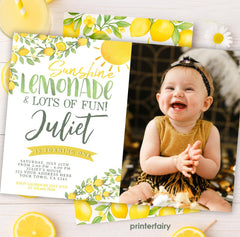 Lemon First Birthday Invitation, Editable, Citrus Invitation, Lemonade Birthday Party, Sunshine Birthday Invitation, Instant Download