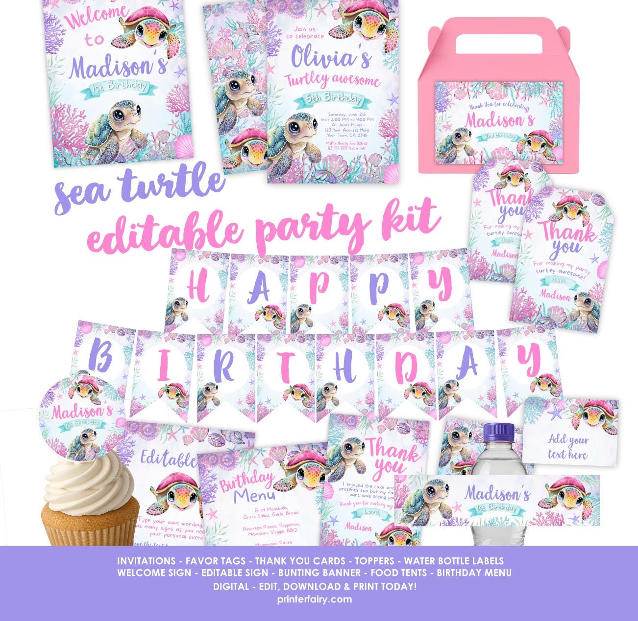 Sea Turtle Birthday Party Editable Bundle (Digital Download)
