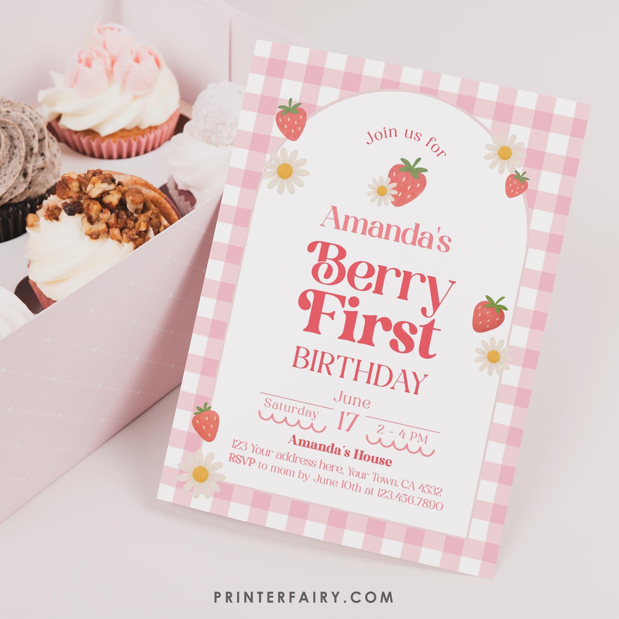 Strawberry First Birthday Invitation, Sweet One, Editable Template (INSTANT DOWNLOAD)