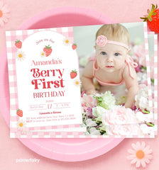 Strawberry First Birthday Invitation with Photo (Editable Template)