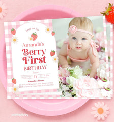 Strawberry First Birthday Invitation with Photo (Editable Template)