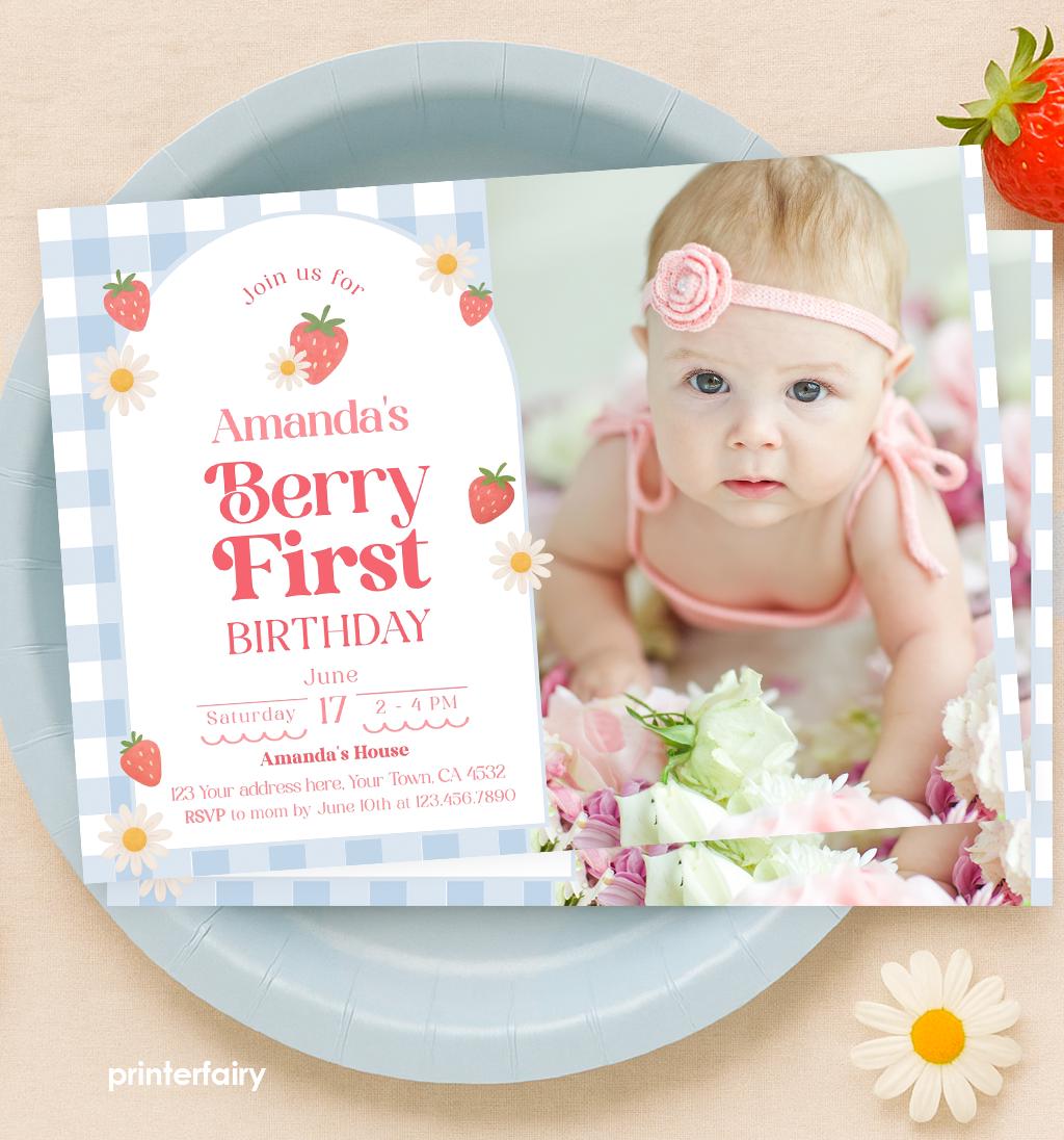 Strawberry First Birthday Invitation, Sweet One Invite (Digital Download)