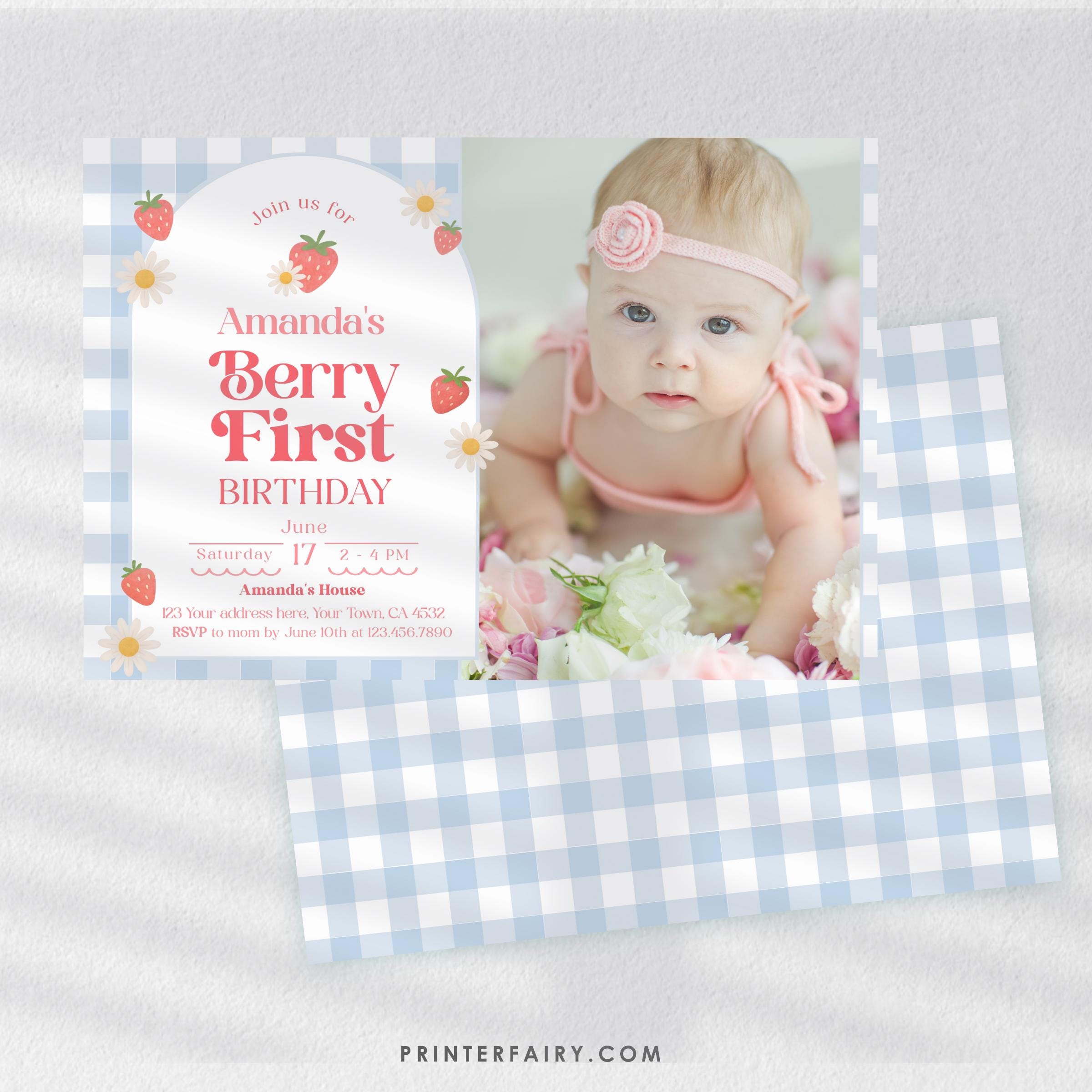 Strawberry First Birthday Invitation, Sweet One Invite (Digital Download)