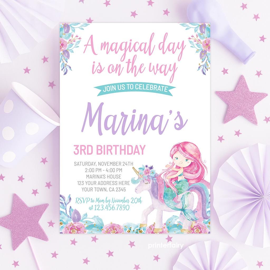 Unicorn Mermaid Birthday Invitation, Editable Floral Party (Instant Download)
