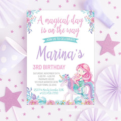 Unicorn Mermaid Birthday Invitation, Editable Floral Party (Instant Download)