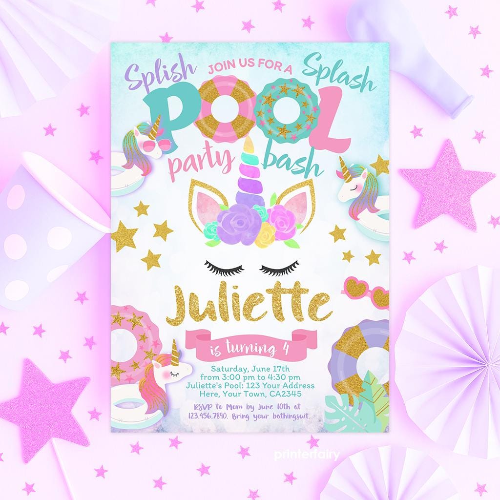 Unicorn Pool Party Invitation EDITABLE Template, INSTANT DOWNLOAD