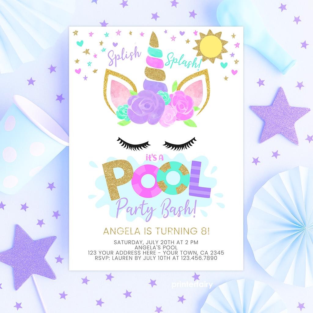 Editable Unicorn Pool Party Invitation (Instant Download)