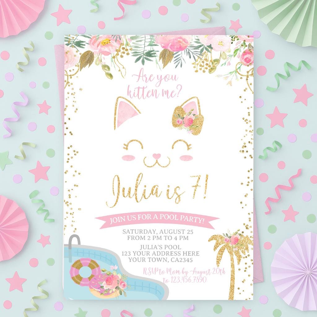 Floral Kitty Cat Pool Party Invitation – Girls Birthday, Editable Template (Instant Download)