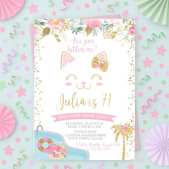 Floral Kitty Cat Pool Party Invitation – Girls Birthday, Editable Template (Instant Download)