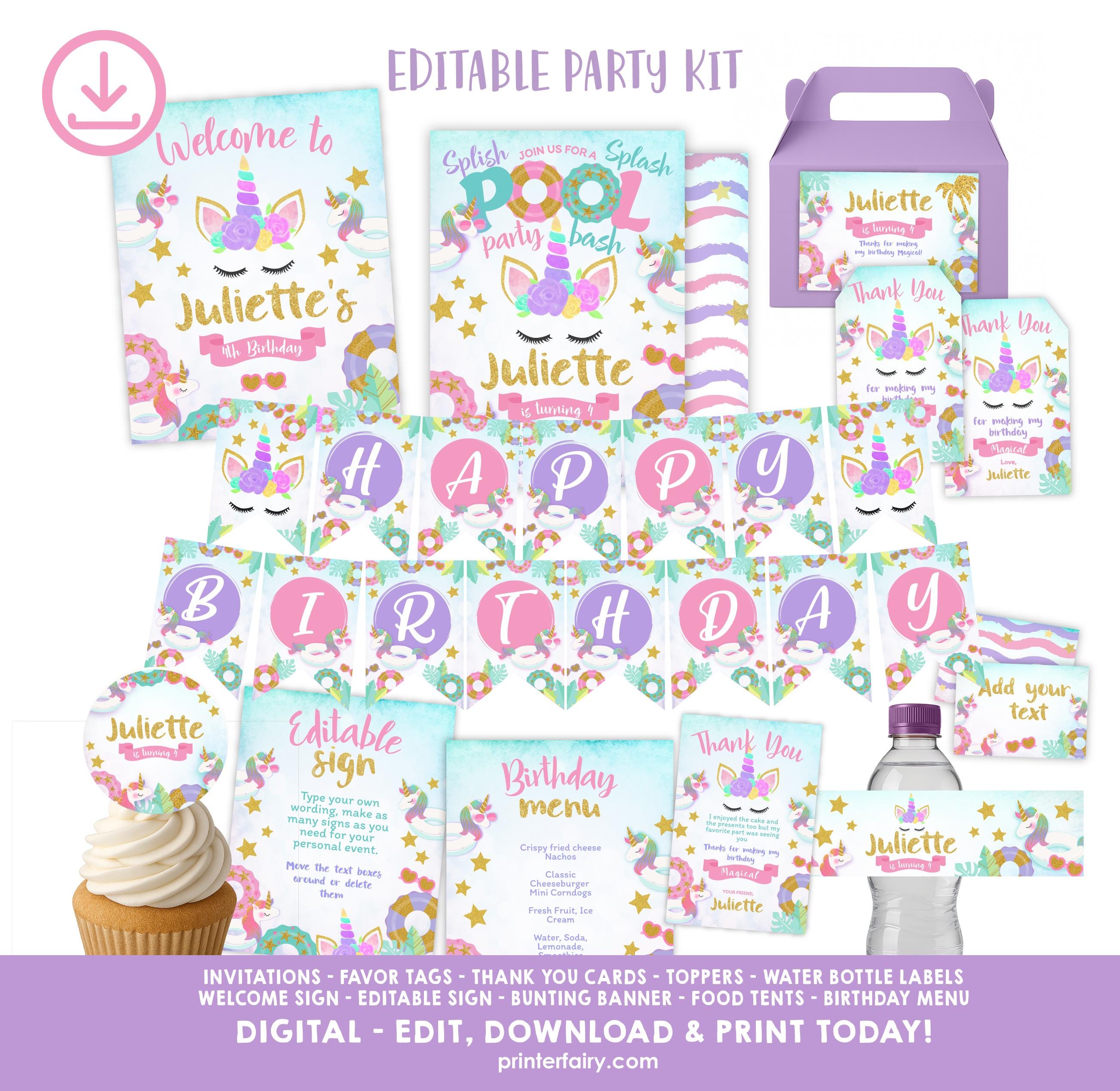 Unicorn Pool Party Birthday Bundle, Editable Summer Printable Kit (Digital Download)
