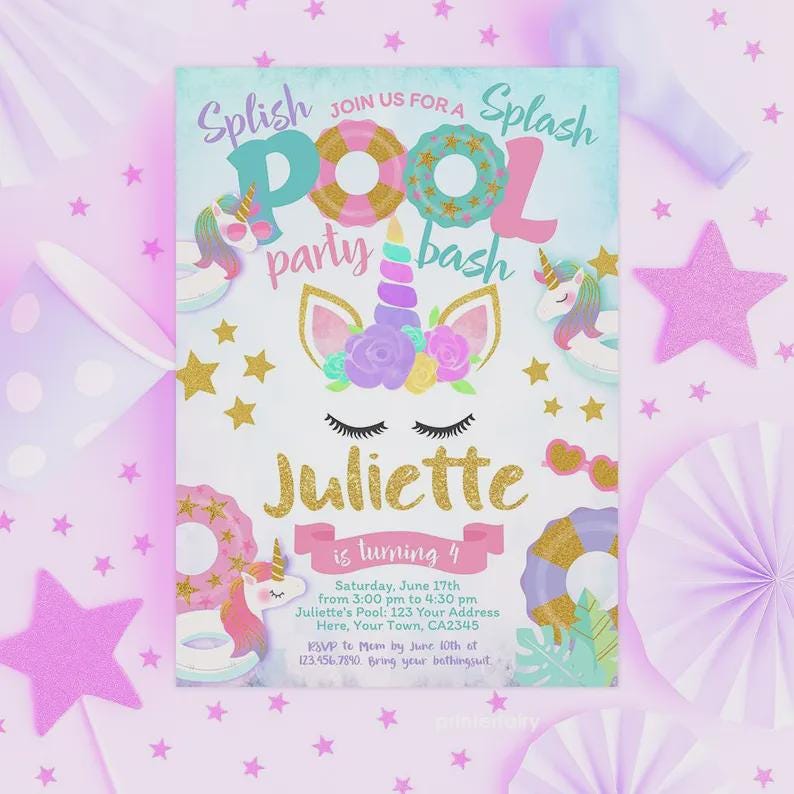 Unicorn Pool Party Birthday Bundle, Editable Summer Printable Kit (Digital Download)