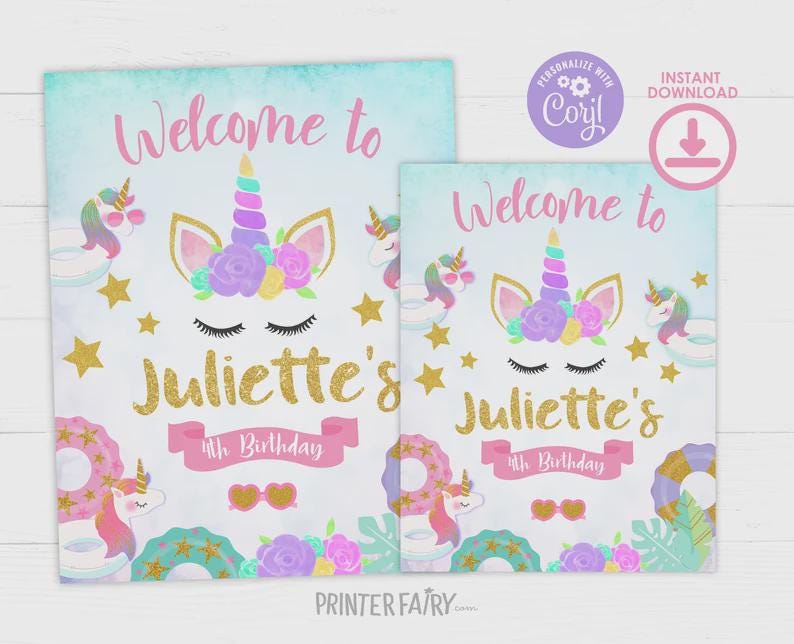 Unicorn Pool Party Birthday Bundle, Editable Summer Printable Kit (Digital Download)