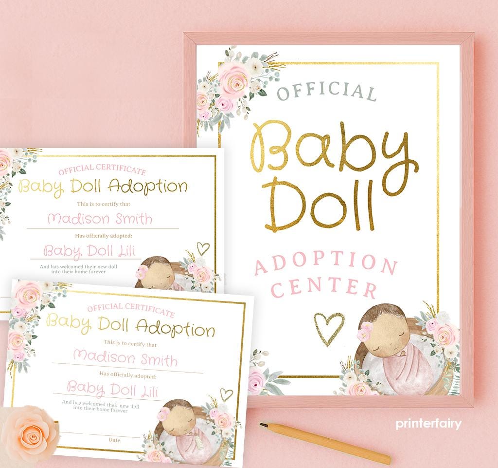 Doll Adoption Certificate, Floral Party Sign (EDITABLE Digital Download)