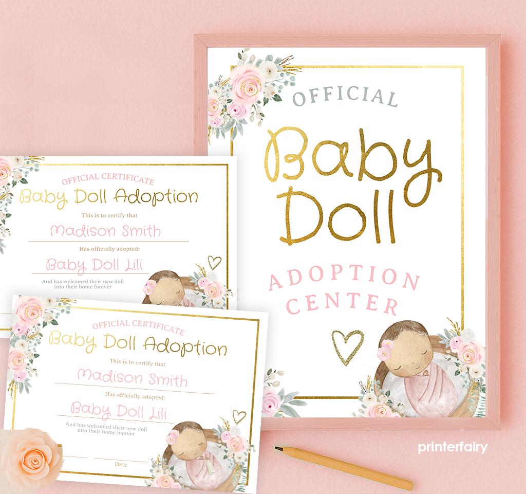 Doll Adoption Certificate, Floral Party Sign (EDITABLE Digital Download)