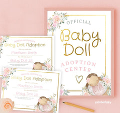 Doll Adoption Certificate, Floral Party Sign (EDITABLE Digital Download)