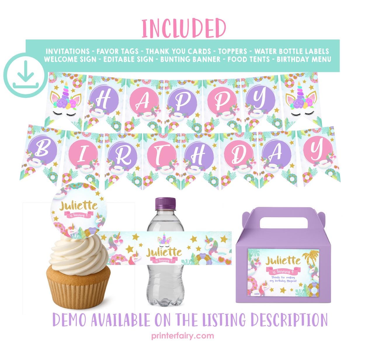 Unicorn Pool Party Birthday Bundle, Editable Summer Printable Kit (Digital Download)