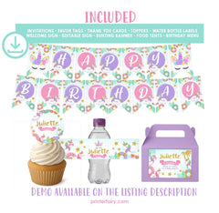 Unicorn Pool Party Birthday Bundle, Editable Summer Printable Kit (Digital Download)