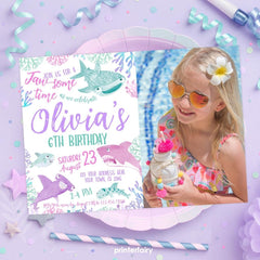 Shark Girl Birthday Invitation, Under The Sea, Photo Editable (Digital Download)