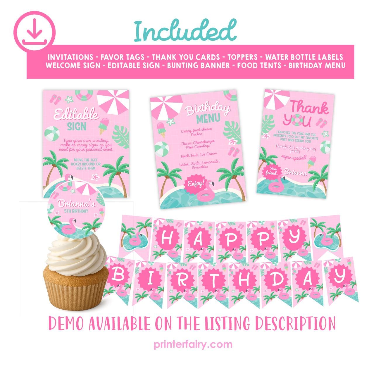 Pool Party Birthday Invitation Bundle, Flamingo Printables (Digital Download)