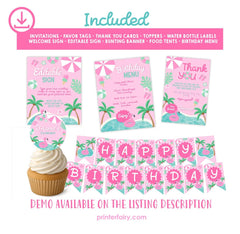 Pool Party Birthday Invitation Bundle, Flamingo Printables (Digital Download)