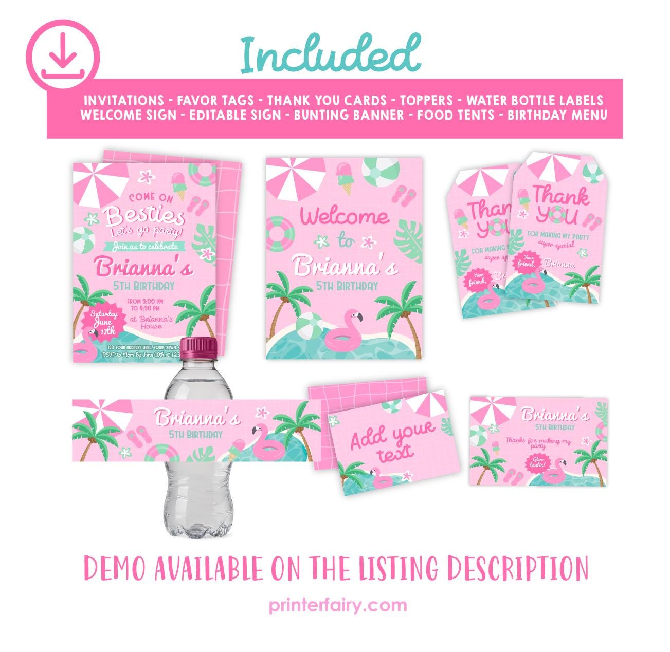 Pool Party Birthday Invitation Bundle, Flamingo Printables (Digital Download)