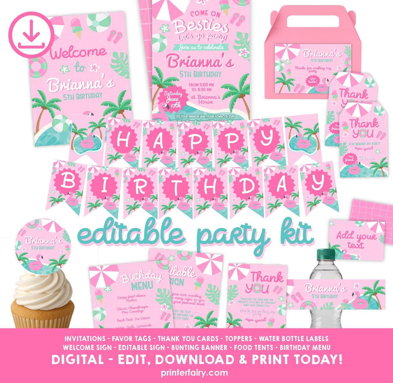 Pool Party Birthday Invitation Bundle, Flamingo Printables (Digital Download)