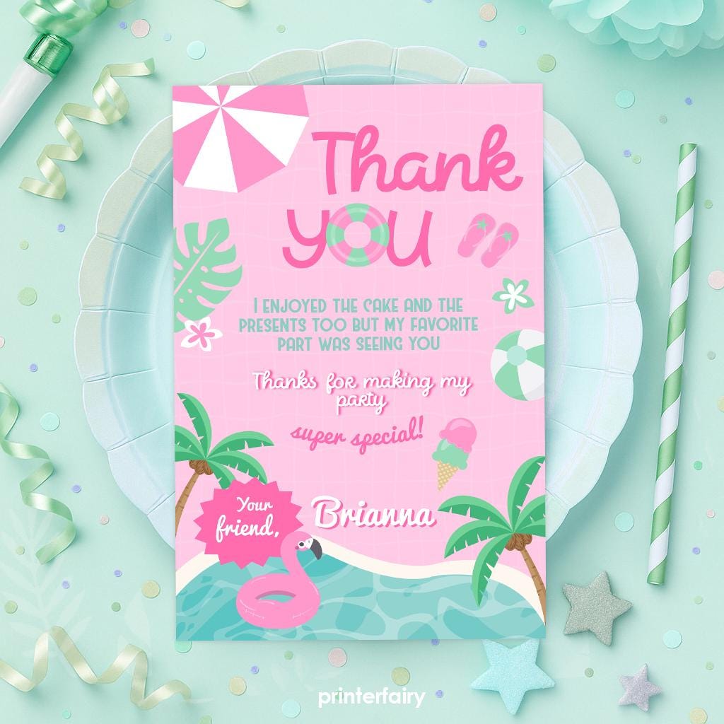 Pool Party Birthday Invitation Bundle, Flamingo Printables (Digital Download)