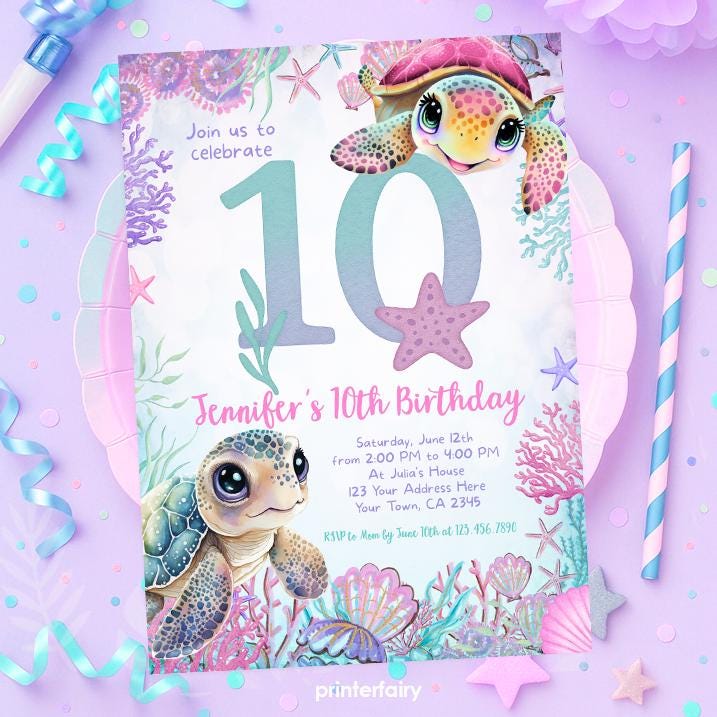 Sea Turtle 10th Birthday Invitation, Under the Sea Party (Instant Download)
