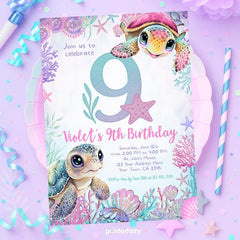 Sea Turtle 9th Birthday Invitation, Under the Sea Party (Instant Download)