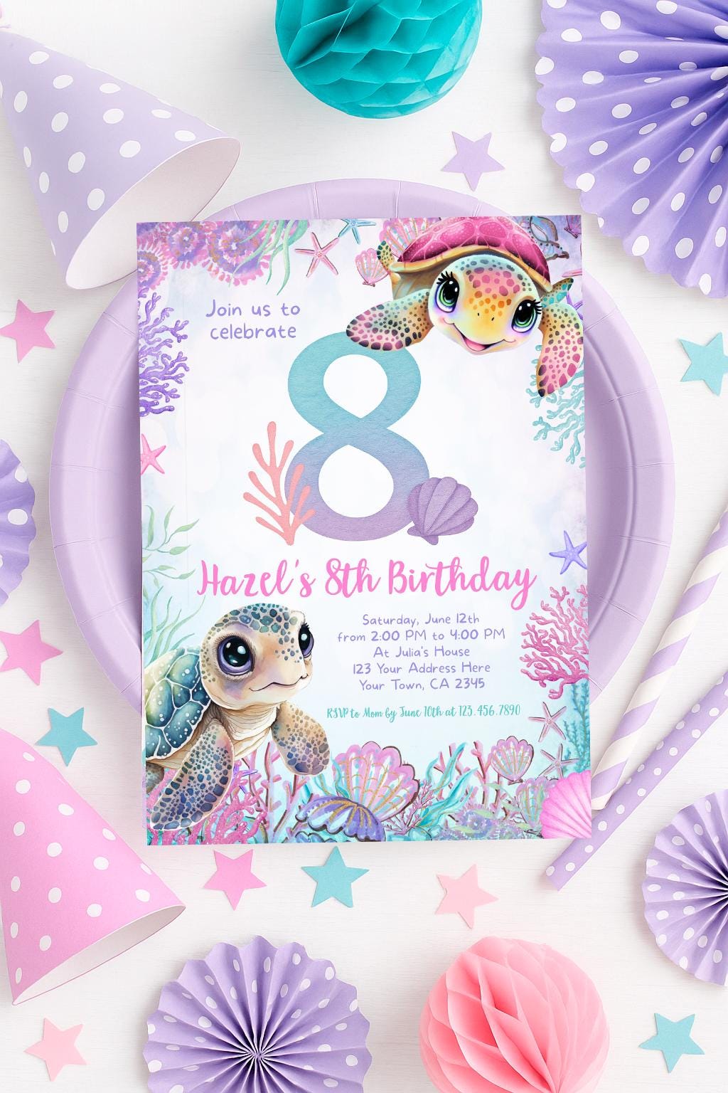 Sea Turtle 8th Birthday Invitation, Under the Sea Party (Instant Download)