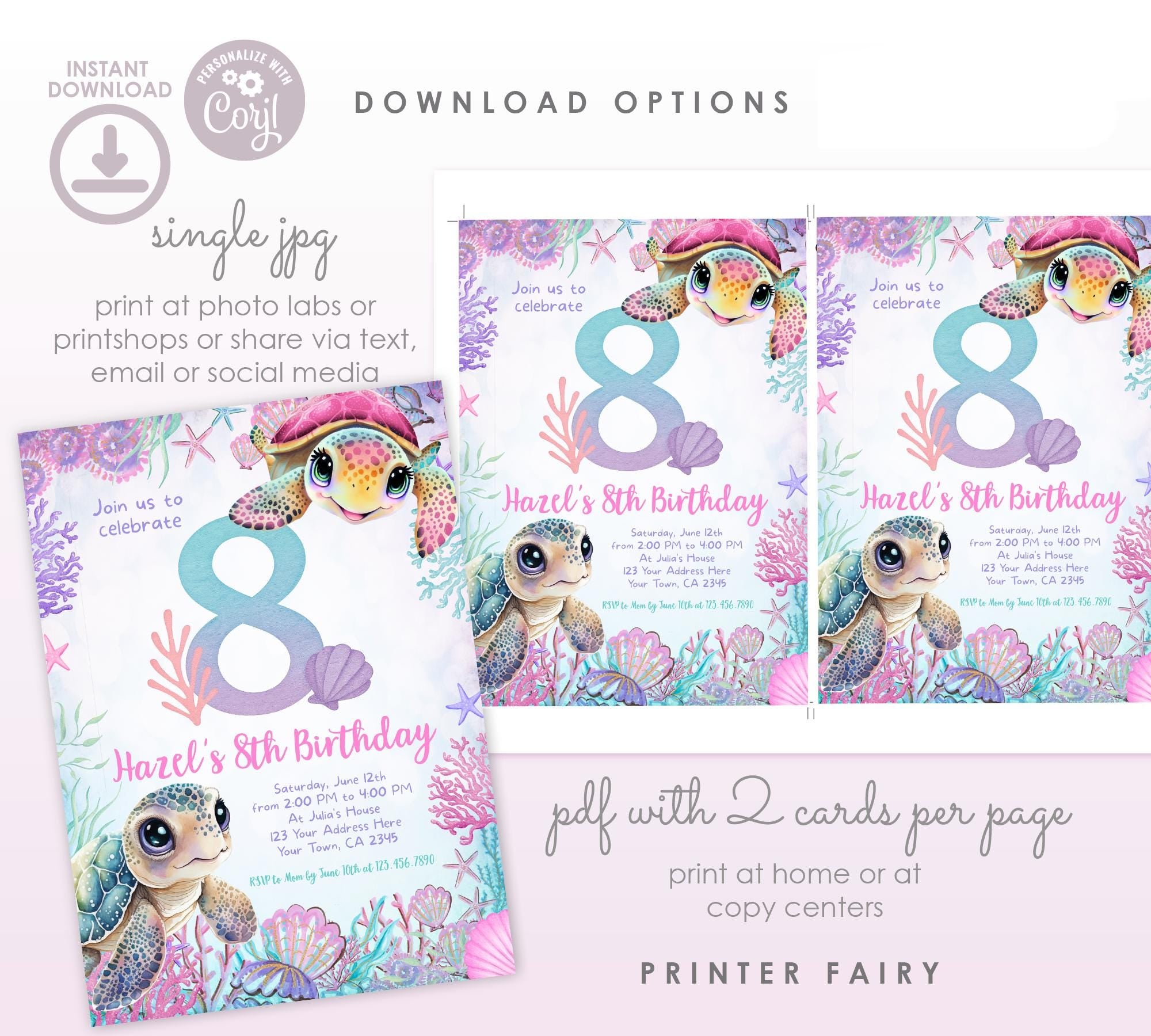 Sea Turtle 8th Birthday Invitation, Under the Sea Party (Instant Download)
