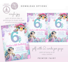 Sea Turtle 6th Birthday Invitation, Under the Sea Party (Instant Download)