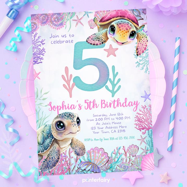 Sea Turtle 5th Birthday Invitation, Under the Sea Party (Instant Download)