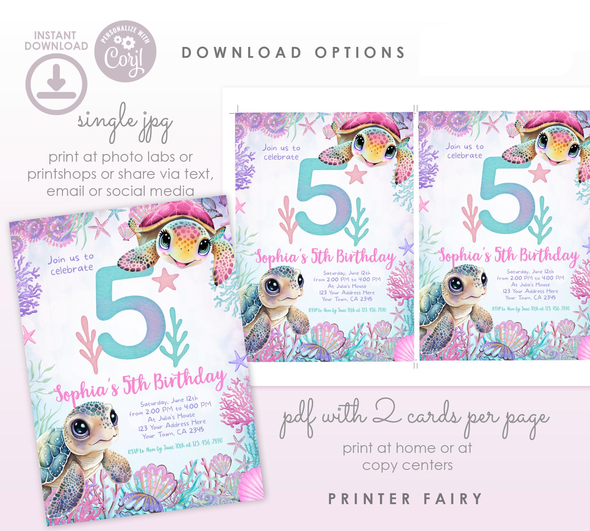 Sea Turtle 5th Birthday Invitation, Under the Sea Party (Instant Download)