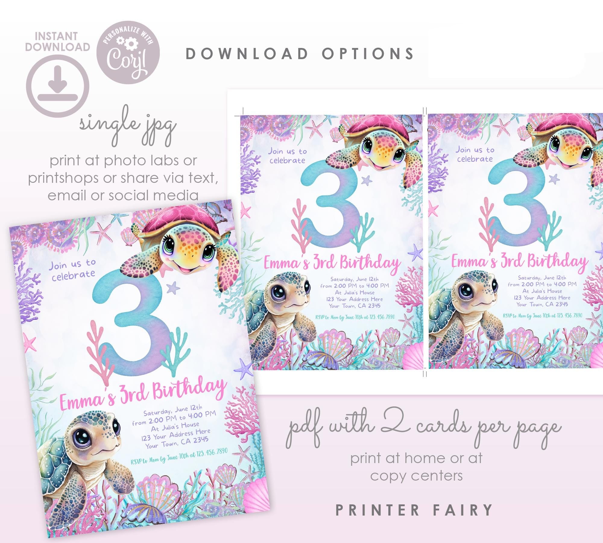 Sea Turtle 3rd Birthday Invitation, Under the Sea Party (Instant Download)