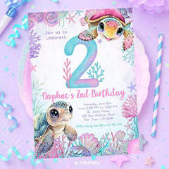 Sea Turtle 2nd Birthday Invitation, Under the Sea Party (Digital Download)