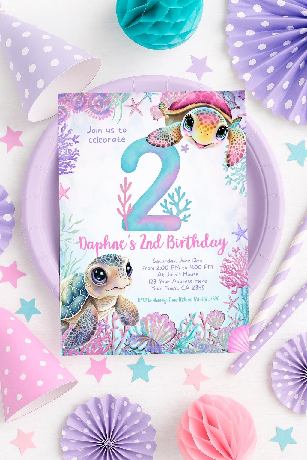 Sea Turtle 2nd Birthday Invitation, Under the Sea Party (Digital Download)
