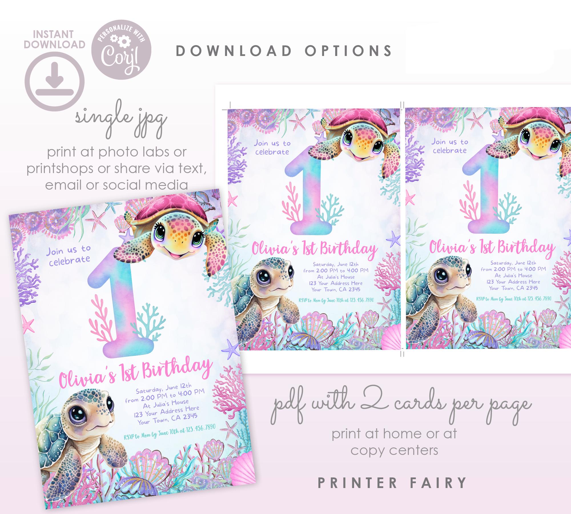 Sea Turtle 1st Birthday Invitation, Editable Under the Sea Party Invite (Digital Download)