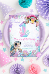 Sea Turtle 1st Birthday Invitation, Editable Under the Sea Party Invite (Digital Download)