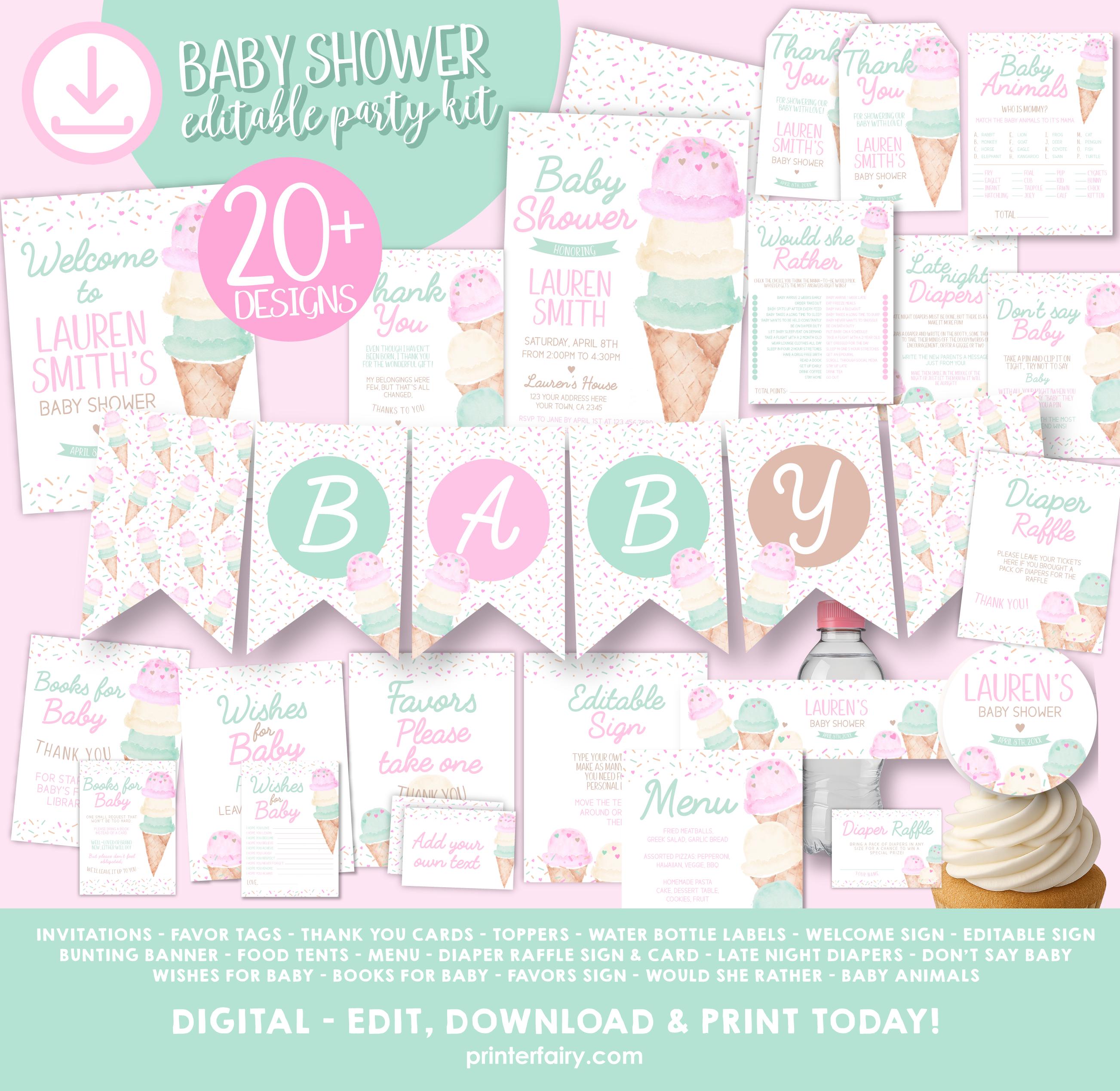 Ice Cream Baby Shower Bundle, Girl Sprinkle Party (Digital Download)