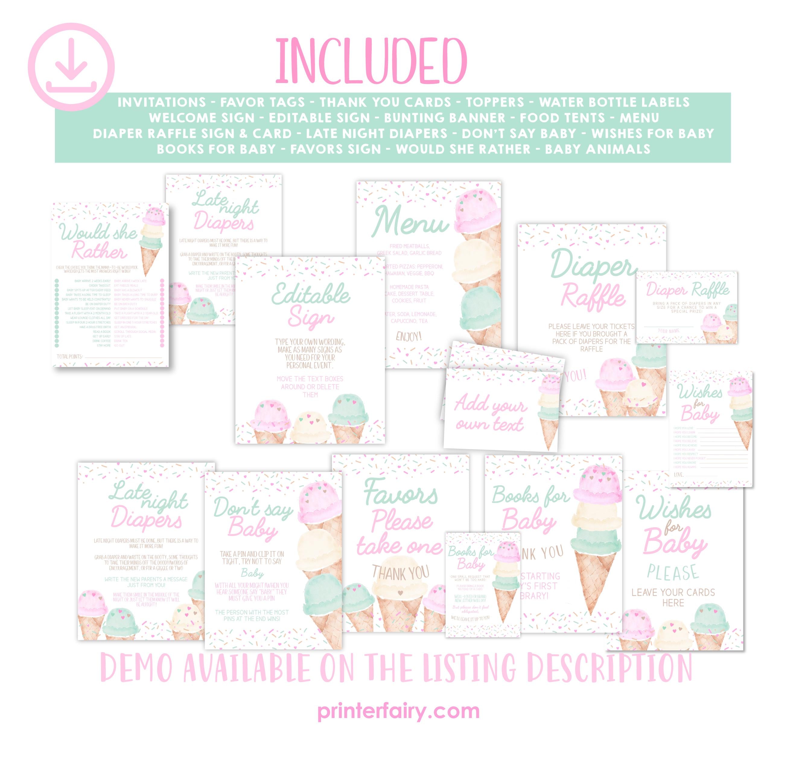 Ice Cream Baby Shower Bundle, Girl Sprinkle Party (Digital Download)
