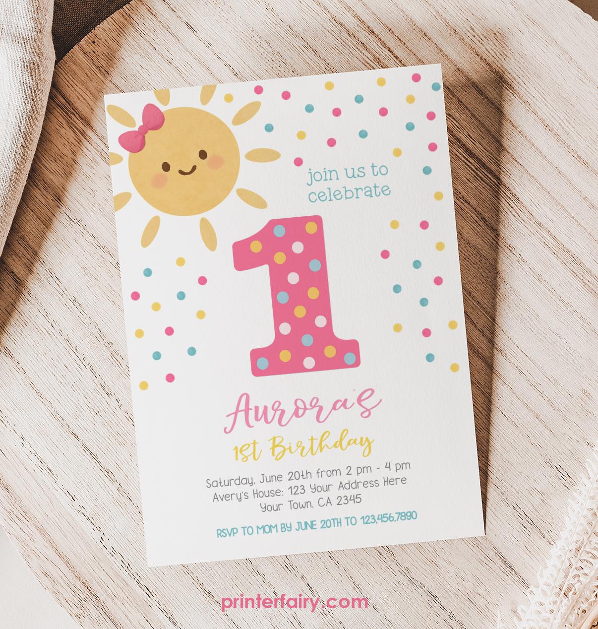 Sunshine 1st Birthday Invitation, Editable Summer Party Invite (Digital Download)
